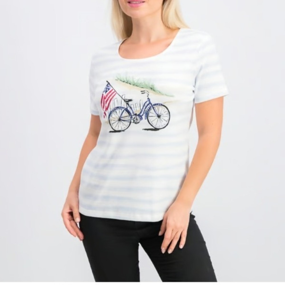 Karen Scott Americana Bicycle Graphic Tee Patriotic USA Top Striped PP (0-2) NWT